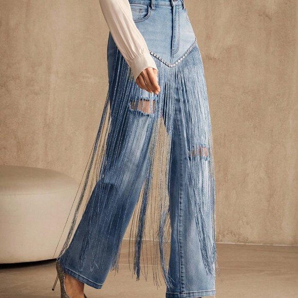 Blue Party Women's Heavy Fringe Diamond Straight Leg Jeans - Picture 4 of 7